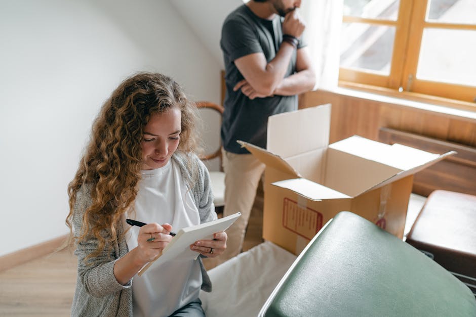 A woman with curly brown hair, wearing a light grey cardigan and white shirt, is seated inside a home, writing on a clipboard with a pen during the packing process for a house relocation. Behind her,
